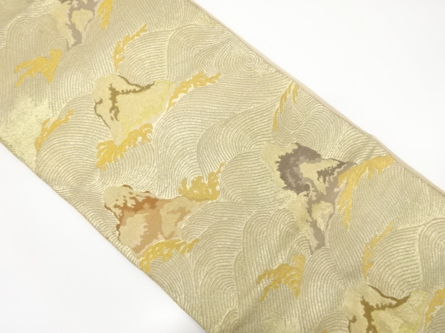 JAPANESE KIMONO / ANTIQUE FUKURO OBI / WOVEN RAGING WAVES & ROCK MOUNTAIN